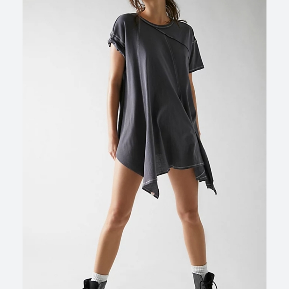 Free People Washed Charcoal Asymmetrical Tunic Tee